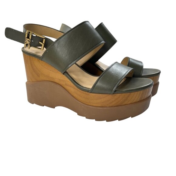 Michael Kors Rhett Leather Platform Wedge Sandals Olive Green Size 7 - Picture 1 of 9